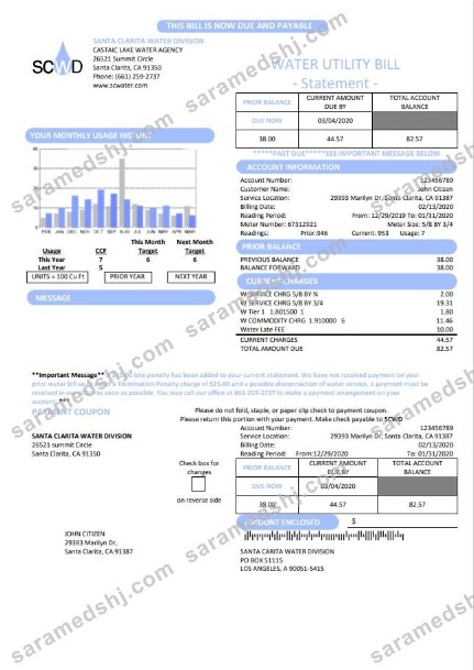 USA California Santa Clarita Water Division (SCWD) utility bill template in Word and PDF format